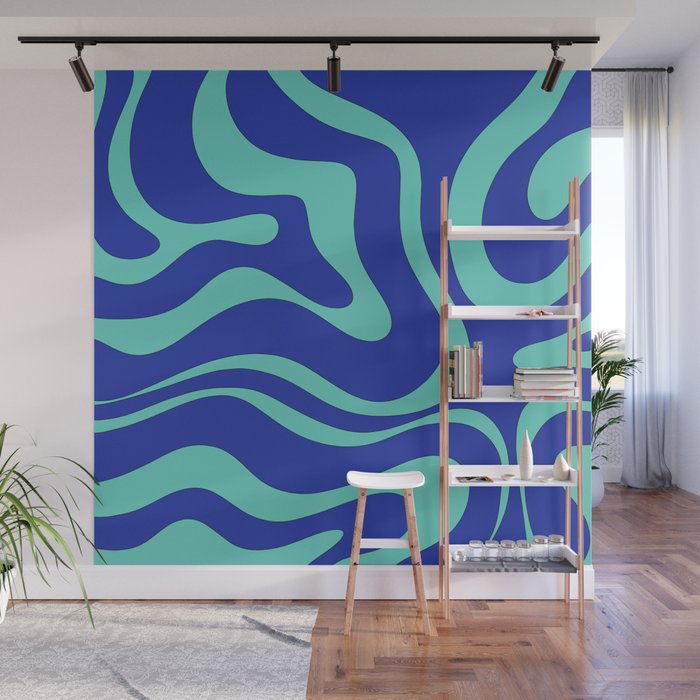 Modern Retro Liquid Swirl Funky Abstract Pattern Bright Blue Aqua Turquoise Wall Mural Gallery Image 1