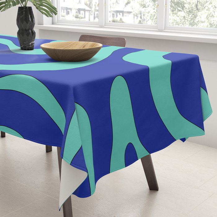 Modern Retro Liquid Swirl Funky Abstract Pattern Bright Blue Aqua Turquoise Tablecloth Gallery Image 3