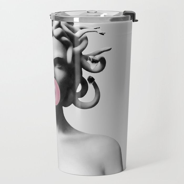 Medusa blowing pink bubblegum bubble II Travel Mug Gallery Image 2