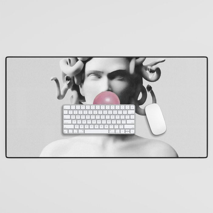 Medusa blowing pink bubblegum bubble II Desk Mat Gallery Image 1