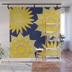 Sunshine yellow navy blue abstract floral mandala Wall Mural Gallery Image 1