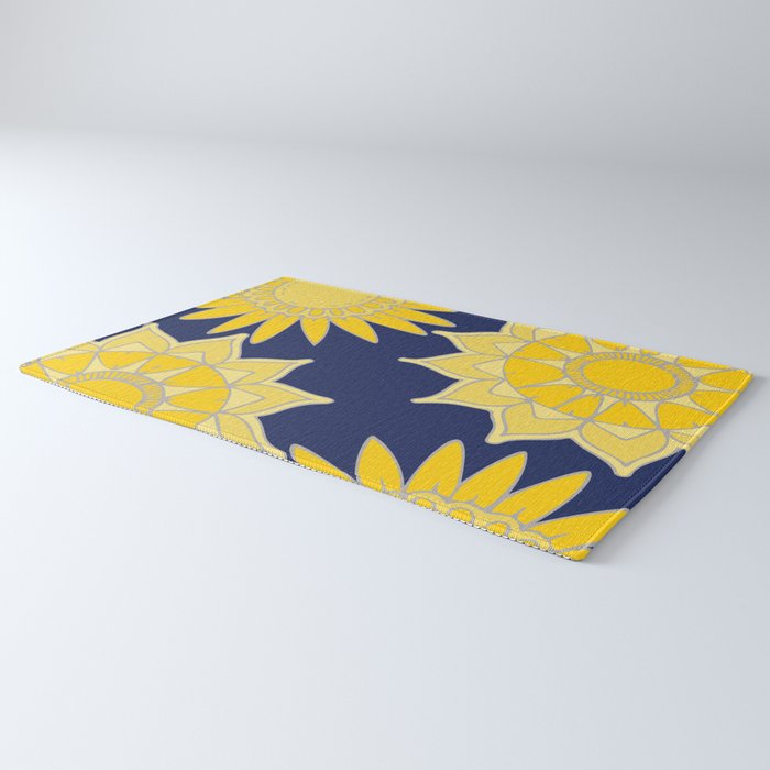 Sunshine yellow navy blue abstract floral mandala Rug Gallery Image 3