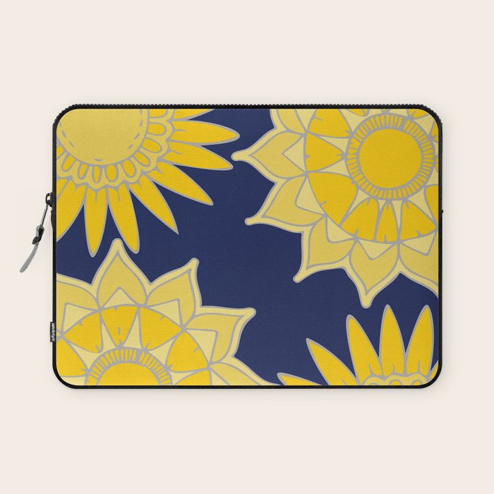 Sunshine yellow navy blue abstract floral mandala Laptop Sleeve Gallery Image 1