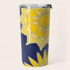 Sunshine yellow navy blue abstract floral mandala Travel Mug Gallery Image 2