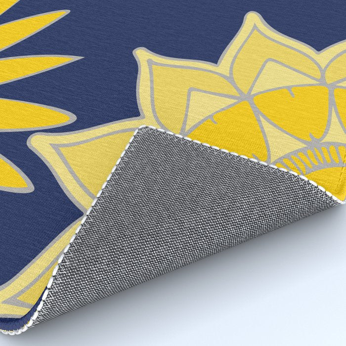 Sunshine yellow navy blue abstract floral mandala Rug Gallery Image 4