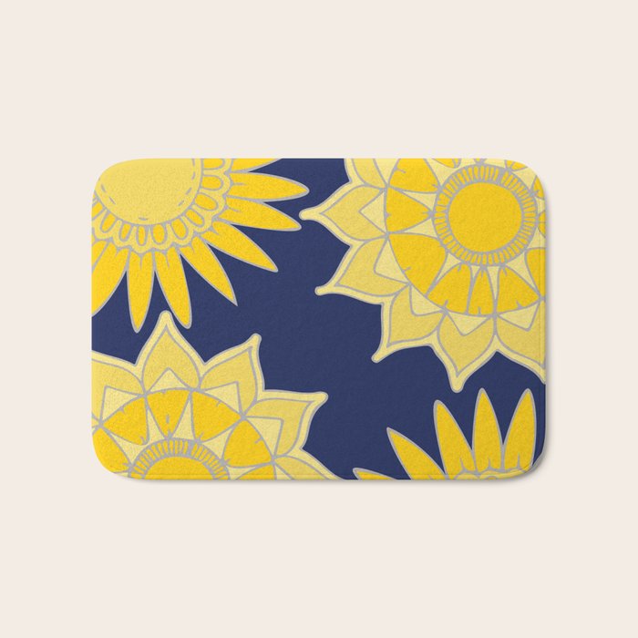 Sunshine yellow navy blue abstract floral mandala Bath Mat Gallery Image 1