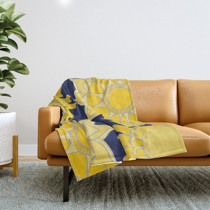 Sunshine yellow navy blue abstract floral mandala Throw Blanket Gallery Image 1