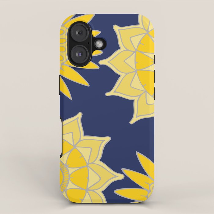 Sunshine yellow navy blue abstract floral mandala iPhone Case Gallery Image 1