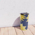 Sunshine yellow navy blue abstract floral mandala Travel Mug Gallery Image 4