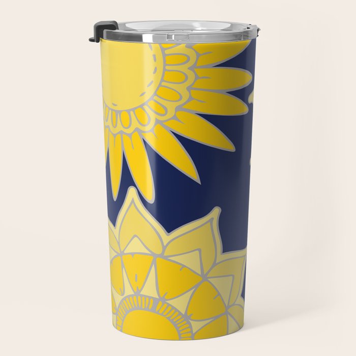 Sunshine yellow navy blue abstract floral mandala Travel Mug Gallery Image 3