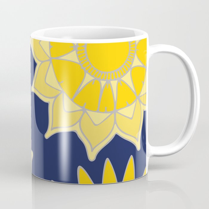 Sunshine yellow navy blue abstract floral mandala Coffee Mug Gallery Image 1