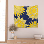 Sunshine yellow navy blue abstract floral mandala Wall Tapestry Gallery Image 2
