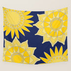 Sunshine yellow navy blue abstract floral mandala Wall Tapestry Gallery Image 4
