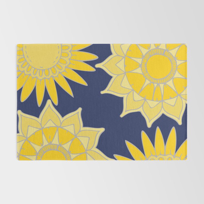 Sunshine yellow navy blue abstract floral mandala Rug Gallery Image 2