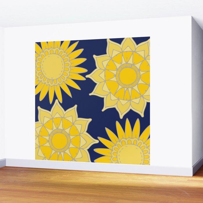 Sunshine yellow navy blue abstract floral mandala Wall Mural Gallery Image 2