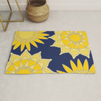 Sunshine yellow navy blue abstract floral mandala Rug Gallery Image 1