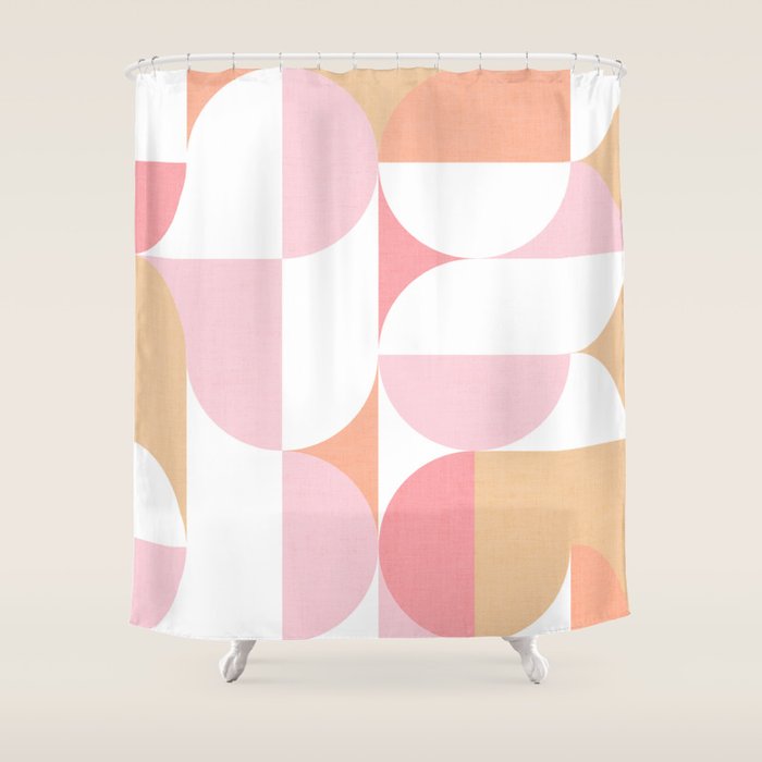 Mid-Mod geometric sun and moon pattern - Peachy Pink pastels Shower Curtain Gallery Image 1