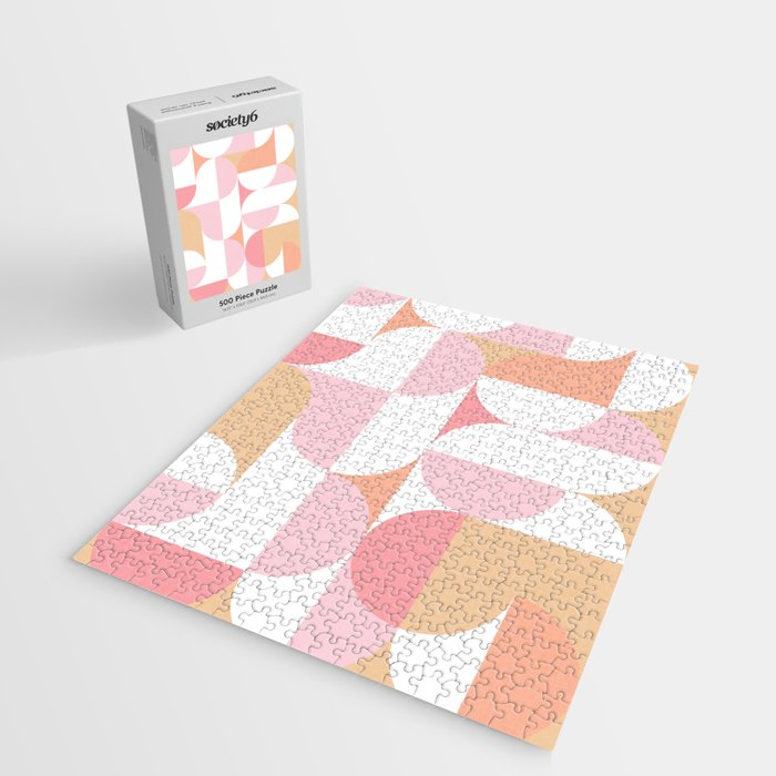 Mid-Mod geometric sun and moon pattern - Peachy Pink pastels Jigsaw Puzzle Gallery Image 2