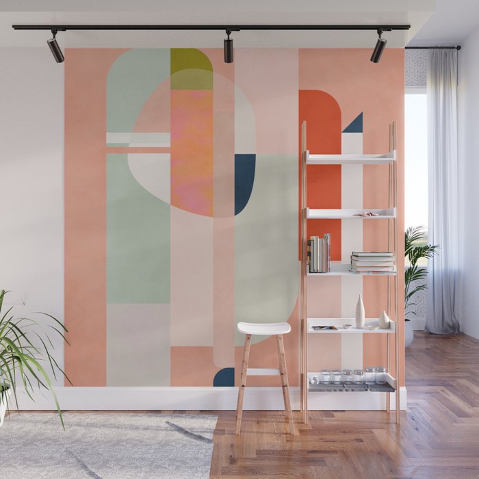 shapes modern mid-century peach pink coral mint Wall Mural Gallery Image 1