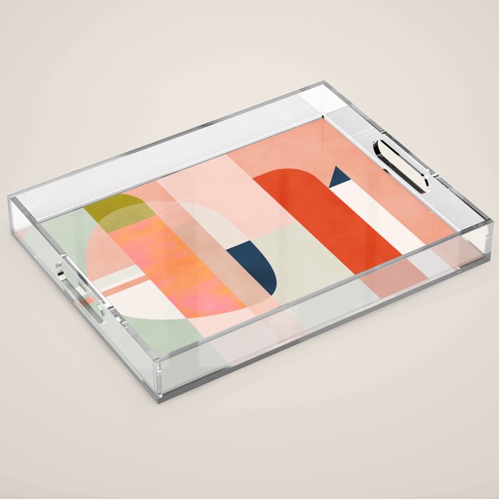 shapes modern mid-century peach pink coral mint Acrylic Tray Gallery Image 1
