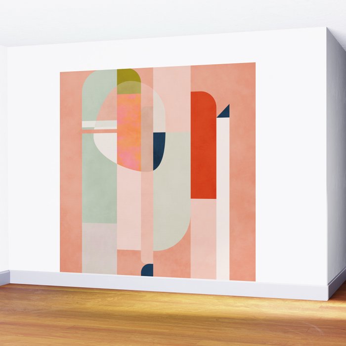 shapes modern mid-century peach pink coral mint Wall Mural Gallery Image 2