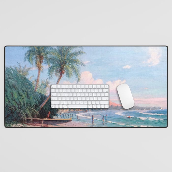 Waikiki Beach, Diamond Head, Oahu landscape painting by D. Howard Hitchcock Desk Mat Gallery Image 1