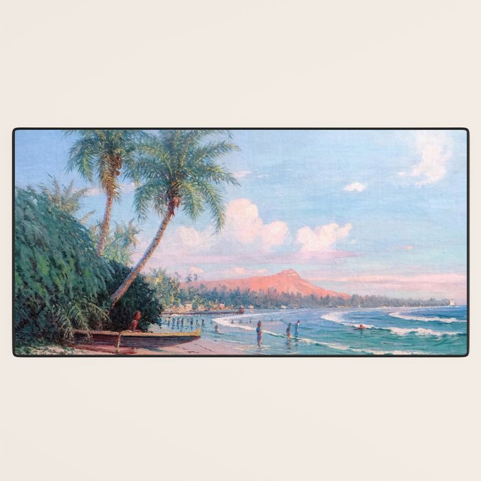 Waikiki Beach, Diamond Head, Oahu landscape painting by D. Howard Hitchcock Desk Mat Gallery Image 3