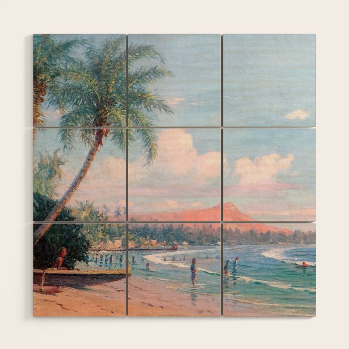 Waikiki Beach, Diamond Head, Oahu landscape painting by D. Howard Hitchcock Wood Wall Art Gallery Image 1
