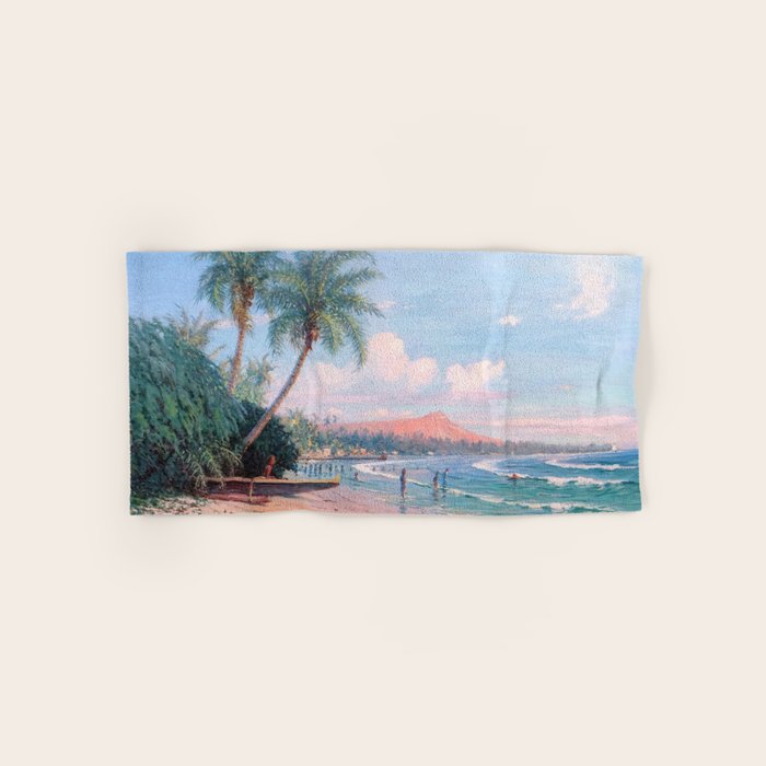 Waikiki Beach, Diamond Head, Oahu landscape painting by D. Howard Hitchcock Bath Towel Gallery Image 1