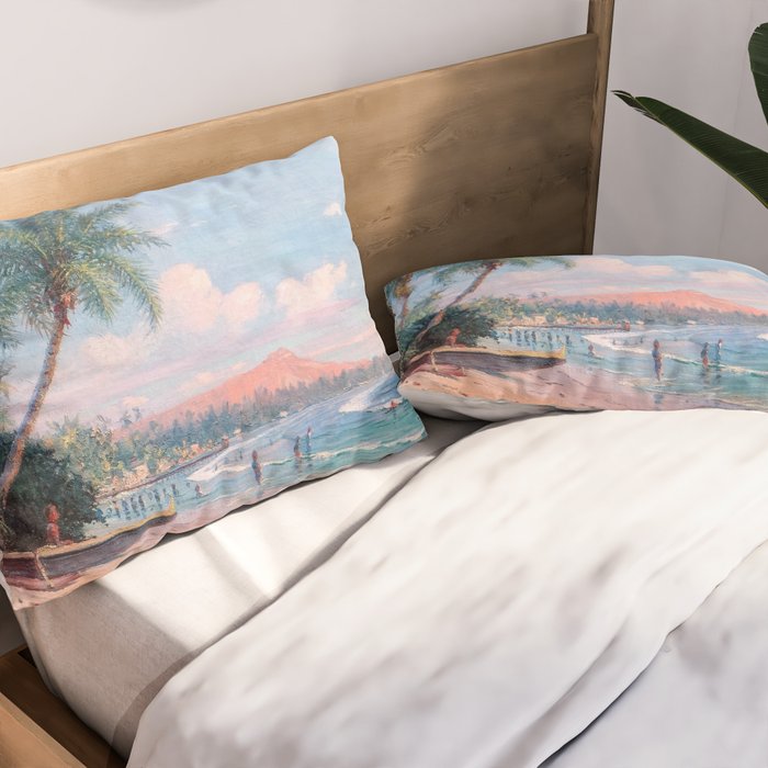 Waikiki Beach, Diamond Head, Oahu landscape painting by D. Howard Hitchcock Pillow Sham Gallery Image 2