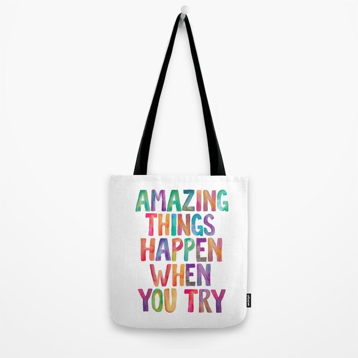 AMAZING THINGS HAPPEN WHEN YOU TRY rainbow watercolor Tote Bag Gallery Image 2