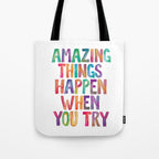 AMAZING THINGS HAPPEN WHEN YOU TRY rainbow watercolor Tote Bag Gallery Image 1