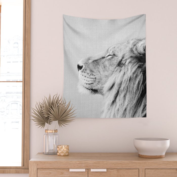 Lion Portrait - Black & White Wall Tapestry Gallery Image 2