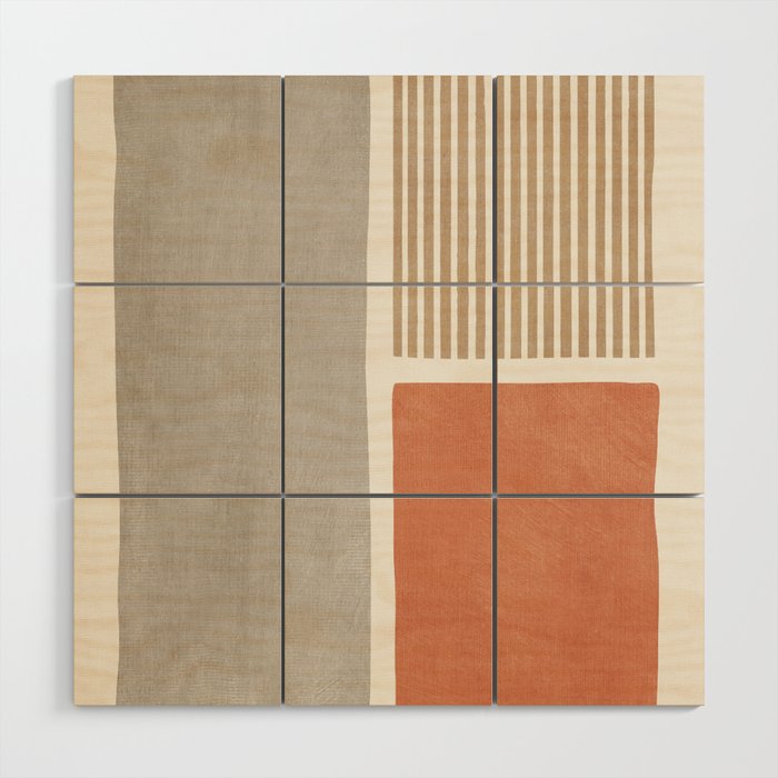 Terracotta Beige Tan Bold Lines Artwork Wood Wall Art Gallery Image 1