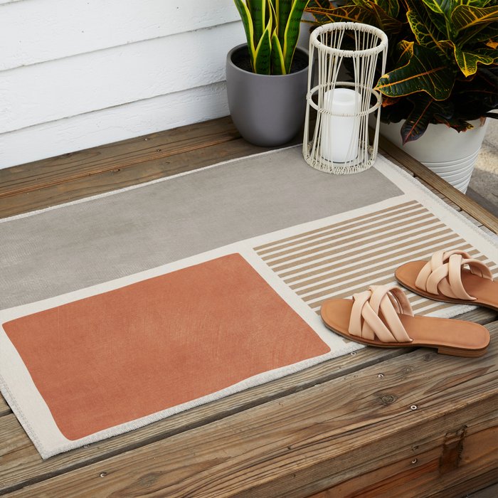 Terracotta Beige Tan Bold Lines Artwork Outdoor Rug Gallery Image 2