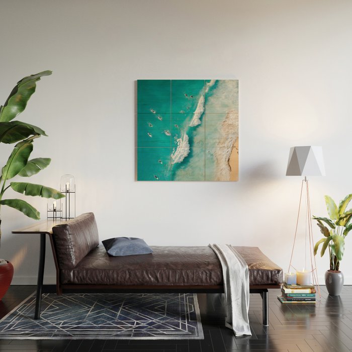 Surfers in Blue Waves Wood Wall Art Gallery Image 2