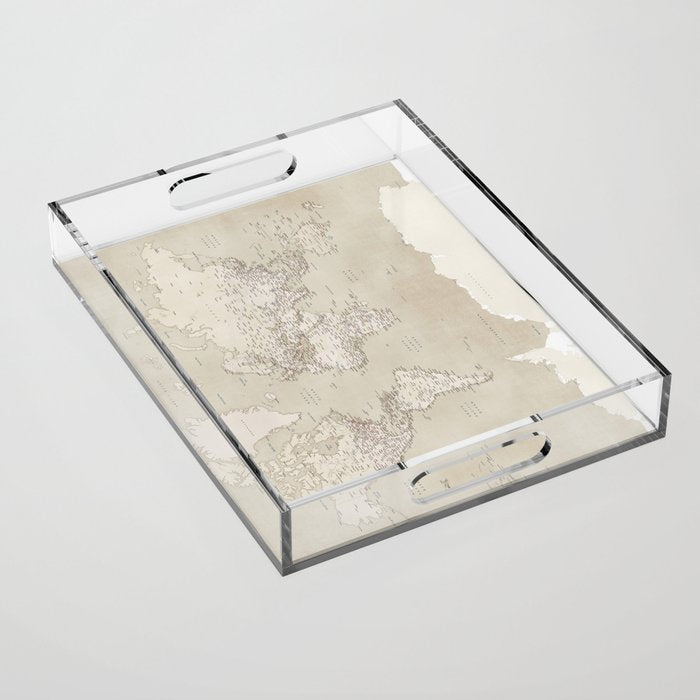 Sepia vintage world map with cities Acrylic Tray Gallery Image 1