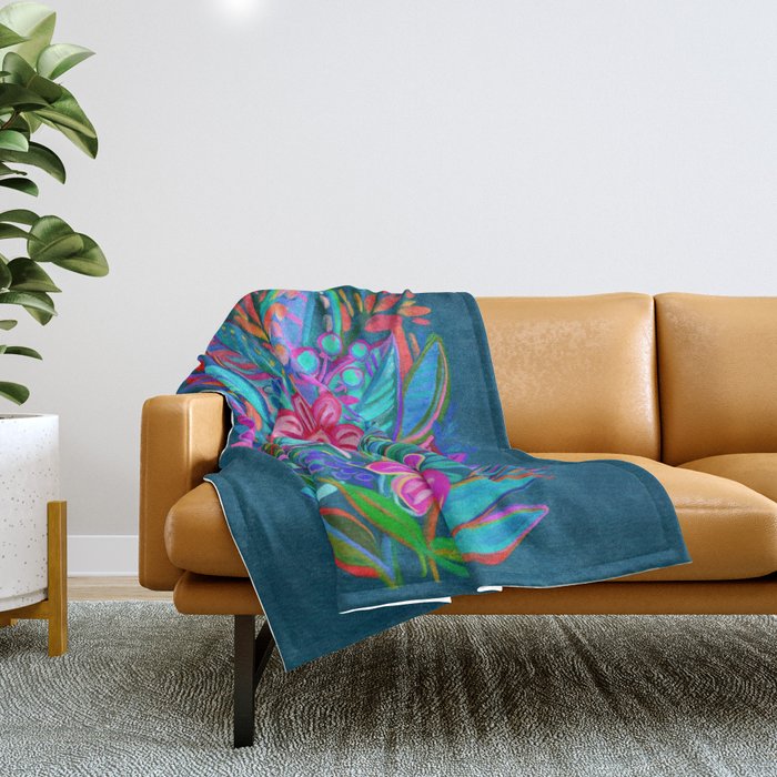 Exuberant Bouquet in Aqua, Fuchsia and Emerald Throw Blanket Gallery Image 1