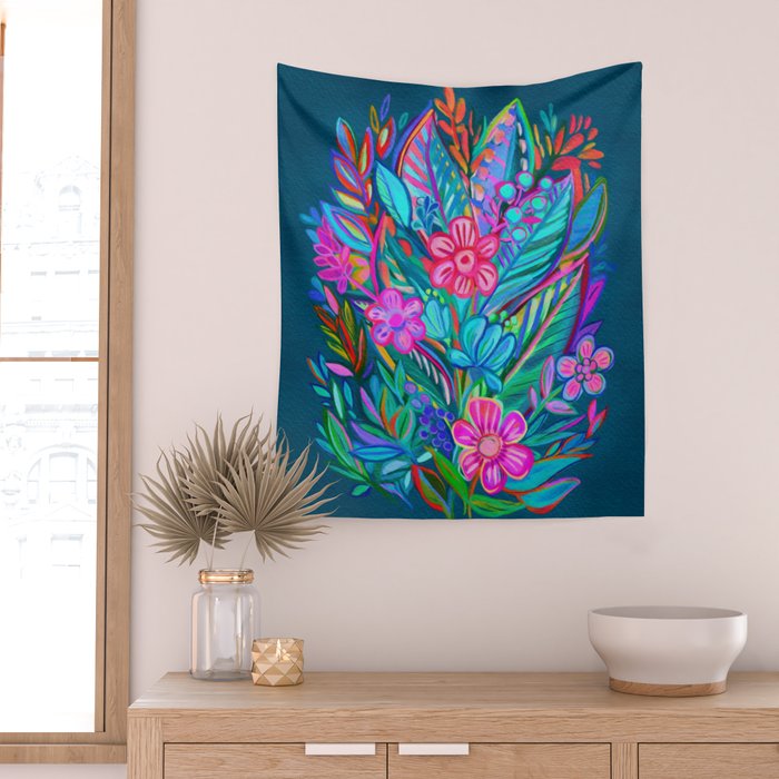 Exuberant Bouquet in Aqua, Fuchsia and Emerald Wall Tapestry Gallery Image 2