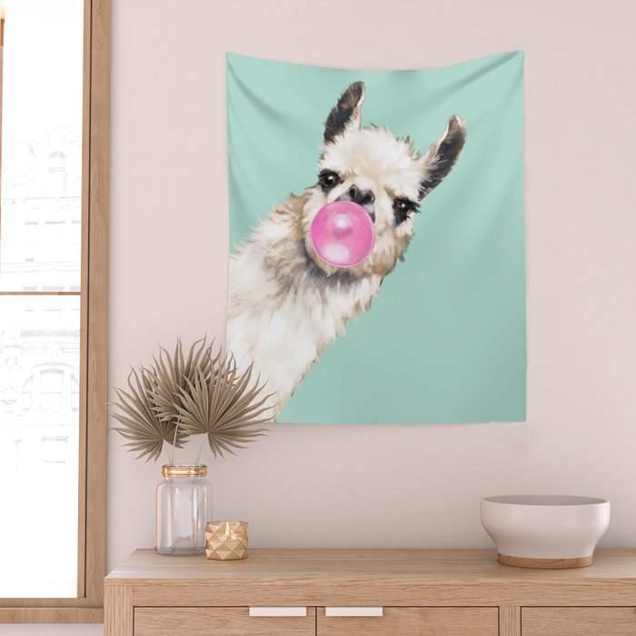 Bubble Gum Sneaky Llama in Green Wall Tapestry Gallery Image 2