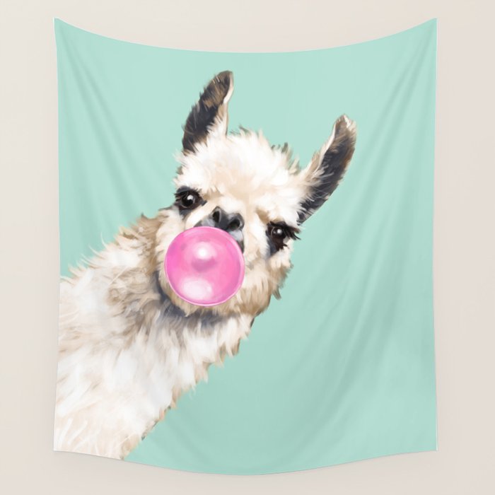 Bubble Gum Sneaky Llama in Green Wall Tapestry Gallery Image 4