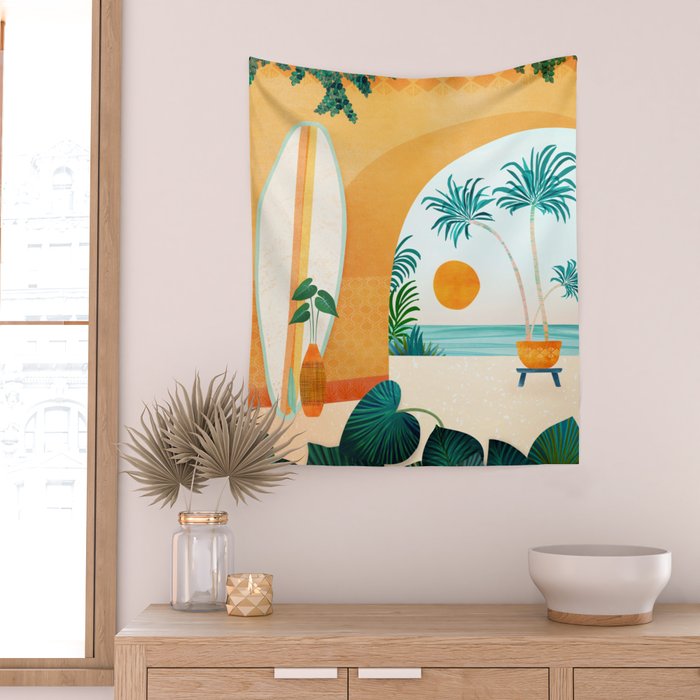Seaside Surf Retreat Tropical Landscape / Villa Series Wall Tapestry Gallery Image 2