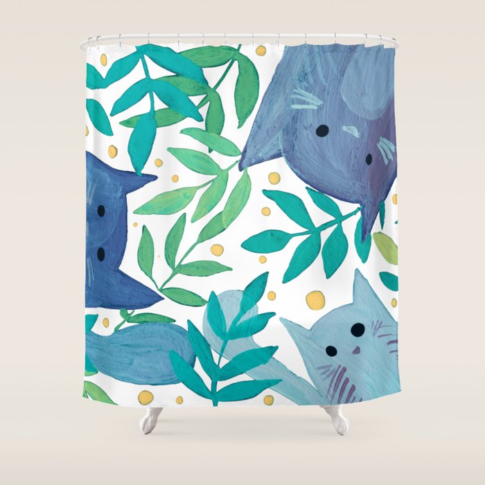Cats and branches - blue and green Shower Curtain Gallery Image 1