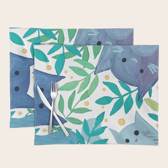 Cats and branches - blue and green Placemat Gallery Image 1