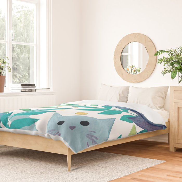 Cats and branches - blue and green Duvet Cover Gallery Image 2