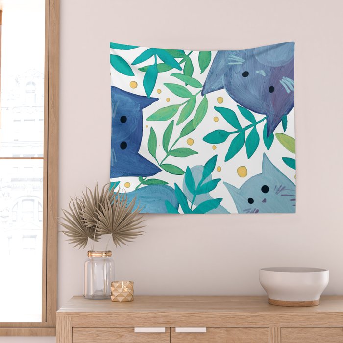 Cats and branches - blue and green Wall Tapestry Gallery Image 2