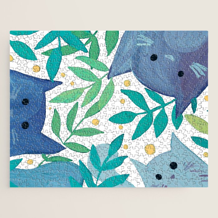 Cats and branches - blue and green Jigsaw Puzzle Gallery Image 1