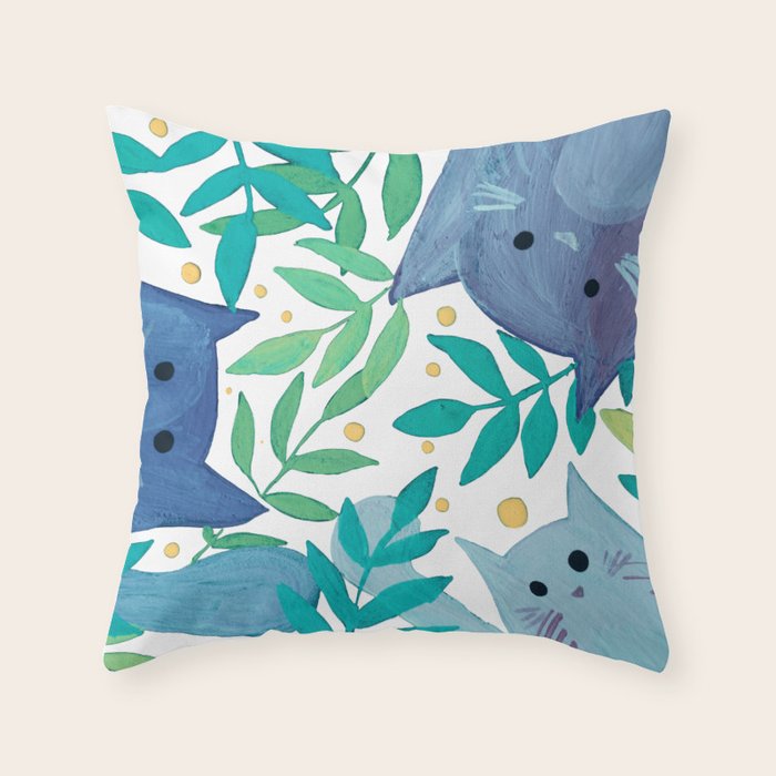 Cats and branches - blue and green Throw Pillow Gallery Image 6