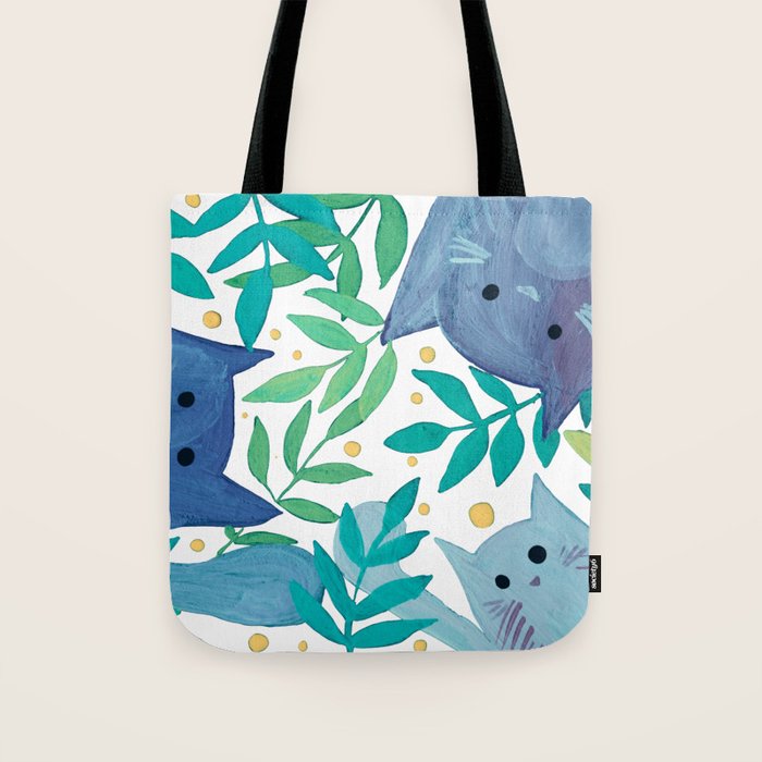 Cats and branches - blue and green Tote Bag Gallery Image 1