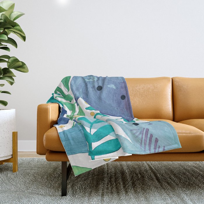 Cats and branches - blue and green Throw Blanket Gallery Image 1